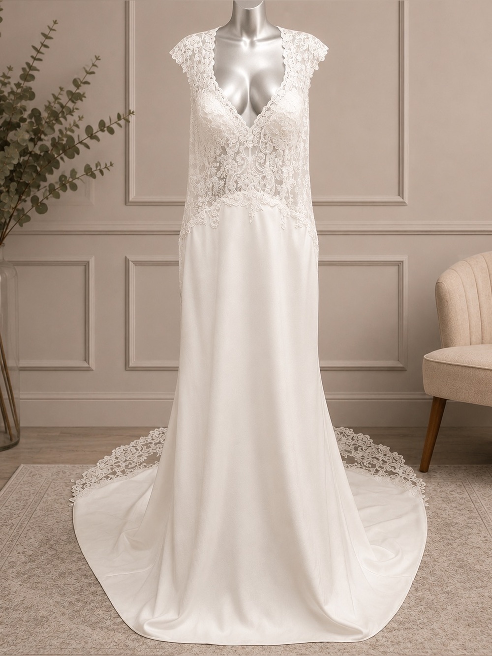 Stella Couture White Lace-Embellished Fitted Bridal Gown